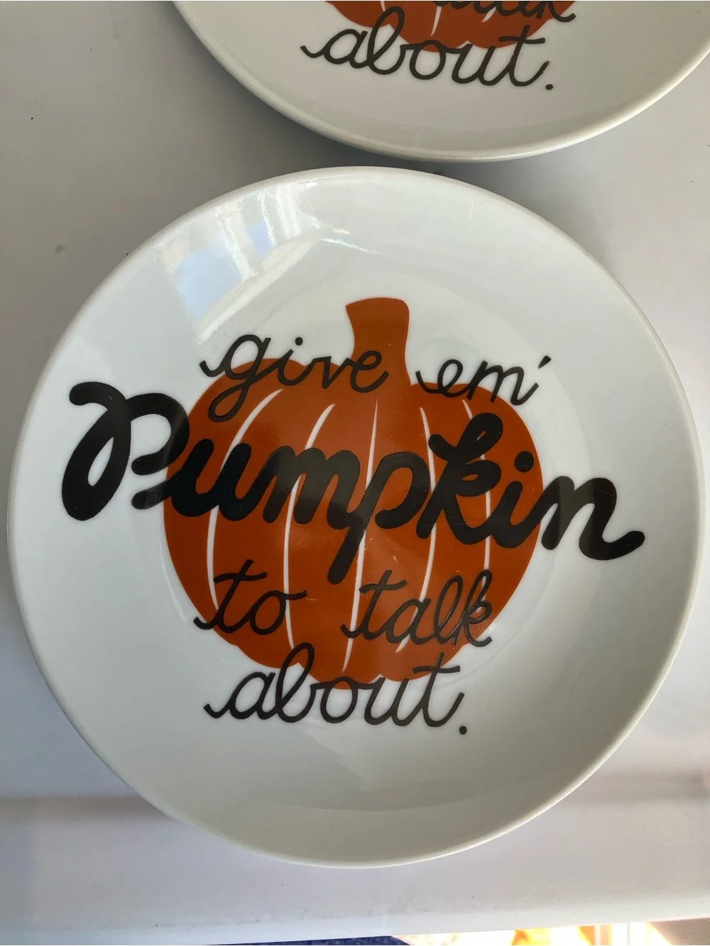 Crate & Barrel Decorative “Pumpkin to Talk About” Ceramic Plate set 2 Halloween